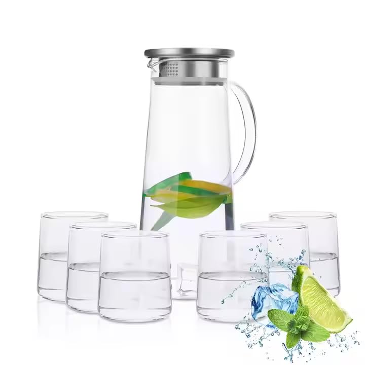 Image of Premium Water and Juice Glasses Set of 6 280ML and 1.8 Liter Water Jug 1 piece,Transparent Glass and Jug Set for Dining Table,Party,Gift Set,All pourpse use (7 Piece) (MT-2)