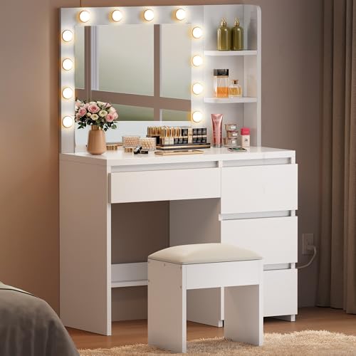 YITAHOME Schminktisch mit Beleuchtung, Dressing Table mit Spiegel Schminktische mit Hocker 3 Farben...