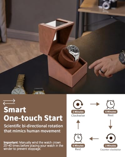 Image of Watch Winder for Automatic Watches: Automatic Single Watch Winder Box | Japanese Quiet Motor, Anti-Magnetic Design, USB-C or Battery Power, Adjustable Pillow, Brown PU Leather, Gift for Men