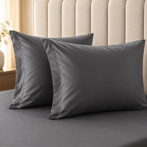 Image of LINENWALAS 100% Cotton 400 TC Large Standard Size Pillow Cover|Long Staple Imported Egyptian Cotton |Cloud-Soft, Breathable & Skin-Safe|Oeko-TEX Certified Bedding (20x30 inch, Set of 2, Dark Grey)