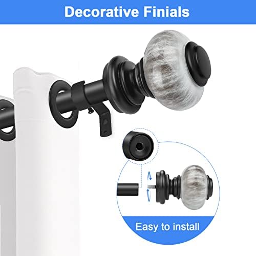 PinLin Curtain Poles Black Window Curtain Pole for Eyelet Curtains with Marble Style Ball Finials, Curtain Rod Set Bedroom 56-122cm