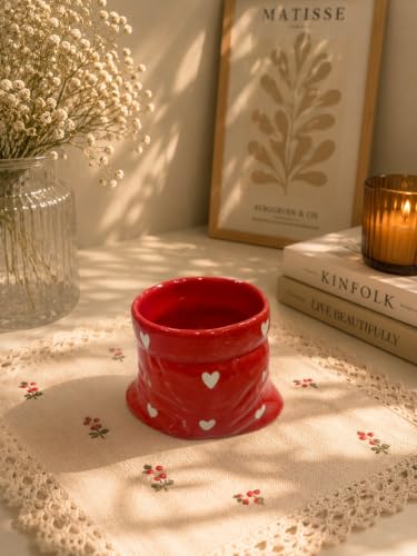 Image of Handmade Red Heart Print Ceramic Pouch Coffee Mug - Aesthetic Red Pottery Style Tea Cup for Coffee, Milk & Espresso | Cute Designer Handmade Ceramic Mug for Women, Girls, Home, Office & Cafe