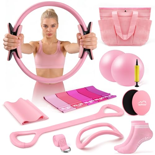 Uyittour 16PCS Pilates Kit for Home Workouts, Essential Equipment Set with 12'' Ring & 9” Ball, 5 Resistance Bands - Pilates Starter Kit for Women, Full Body Toning & Strength