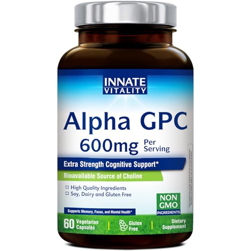 Innate Vitality Alpha GPC 600mg Highly Bioavailable Choline Supplement for Acetylcholine Extra Strength Supports Healthy Memory Focus and Clarity 60 Vegan Capsules