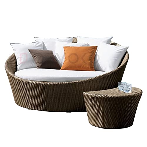 Image of DEVOKO Outdoor Pool Side,Garden,Balcony,Porch,Backyard,Terrace,Patio,Beach Round Sofa Wicker&Rattan Unique Design Daybed with Table Furniture Set(Darkbrown&Offwhite),139 Centimeters,139 Cm,30 Inch