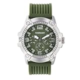Radiant - Reloj Analógico de Cuarzo para Hombre, Caja Redondo de 44,00 mm Plateado/Gris, Esfera Verde, Correa de Silicona Verde con Hebilla, Pila Incluida, Resistente al Agua 5 ATM