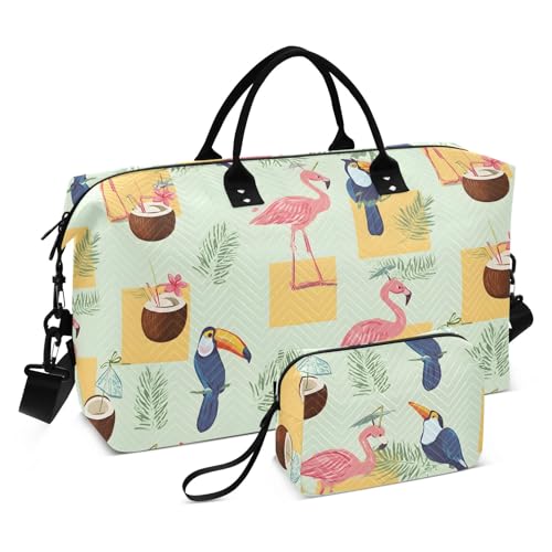Large Travel Duffel Bag Sports Tote Gym Bag Overnight Weekender Bags The Toucan and Flamingo Carry On Luggage with Toiletry Bags