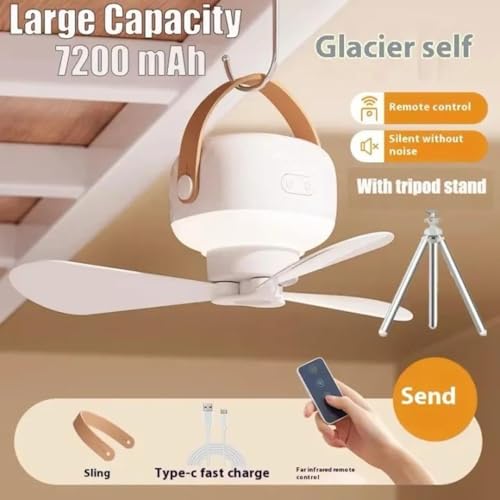 Image of Portable Ceiling Fan with LED Light, 2 in 1 Desktop and Ceiling, 7200mAh Battery Powered, White, 26x9.2x8.8 cm, for Home Camping Outdoor Use, Hanging and Tripod Mount