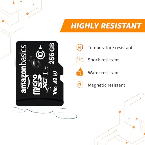 Image of Amazon Basics 256 GB Micro SDXC Memory Card | 180 MB /s Read | Memory Card for 4K Video on Smartphones, Action Cams and Drones