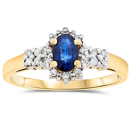 14k Yellow Gold Blue Sapphire Oval Genuine Gemstone and Diamond Ring For Women Birthstone of September