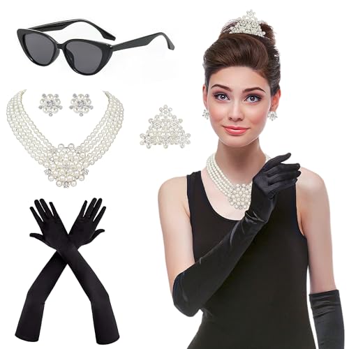 Horolam 6PCS Holly Golightly Accessories, 60s Retro Accessories for Women Pearl Necklace Earrings Holder Gloves Sunglasses