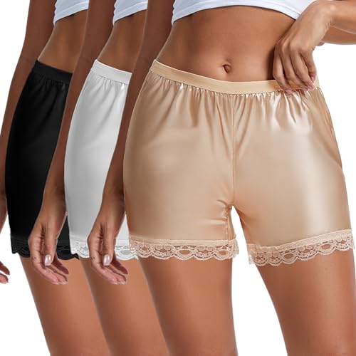 3 Pack Slip Shorts for Women Under Dress Half Slip Pettipants Bloomers Shorts Lace Trim Anti Chafing Summer