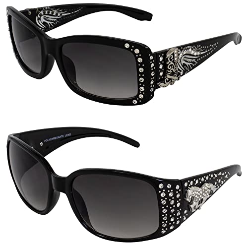 Rodeo Queen 2 Pairs of Fashion & Studded Sunglasses for Women Black Frame w/Metal Accent Piece Bling Rhinestones & Smoke Gradient Lenses