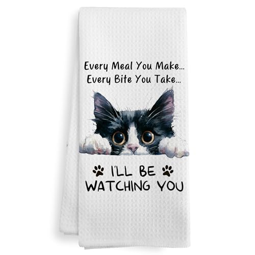 XNXLDYLH Funny Black and White Tuxedo Cat Kitchen Towels Decor, Funny Black and White Tuxedo Cat Stuff Gifts for Women, Every Meal You Make Every Bite You Take Dish Hand Tea Towels for Kitchen,16x24In