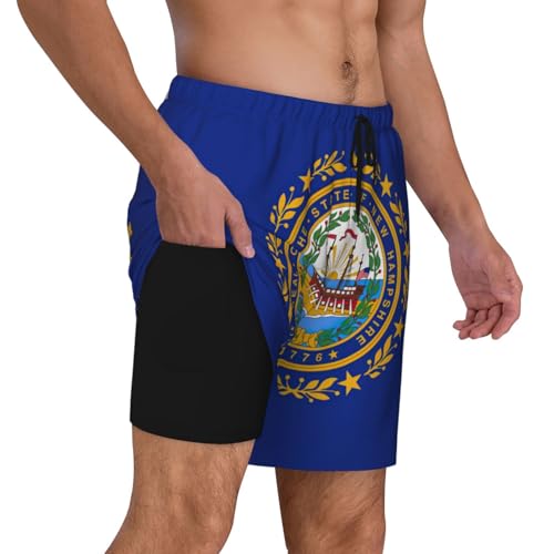 New Hampshire State Flag Built-in Compression Lining Men's Double Swim Trunks Shorts Beach Shorts with Two Pockets3