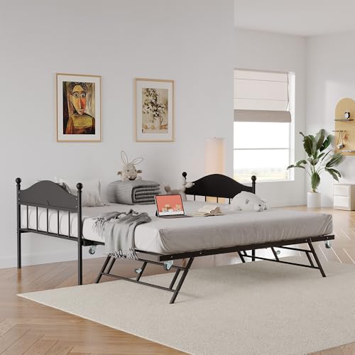 Image of Garvee Twin Daybed with Trundle, Twin Bed Frame with with Stylish Headboard, Heavy Duty Steel Slats Platform for Living Room, Bedroom, Black
