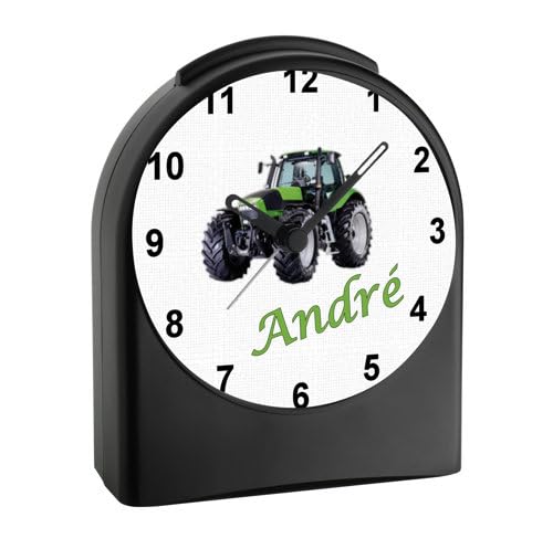 Analog Kinderwecker personalisiert mit (Wunsch) Namen, Kinder Funkwecker ohne Ticken und mit Licht/Beleuchtung, Schulanfang, Motiv Moitv Traktor