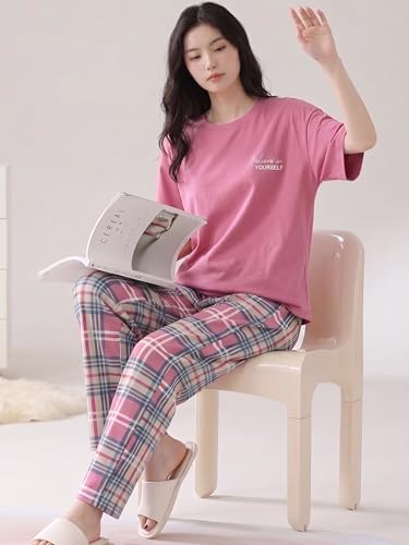 Image of Celary Women's Cotton Blend Printed Night Suit Set||Soft & Breathable Short Sleeve Top & Ethnic Print Pyjama Set||Also Available in Plus Size||Korean Night Suit||Comfortable Home Wear & Sleepwear