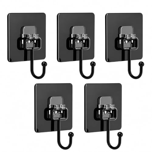 Image of CERLINK Black Large Adhesive Hooks for Wall Heavy Duty Waterproof Wall Hooks for Hanger Hooks, Stainless Steel Towel and Coats Wall Hook to Use Inside Kitchen, Bathroom, Home and Office Pack 5