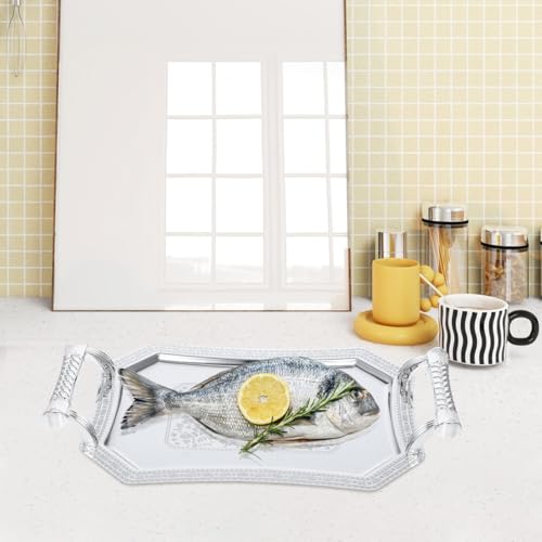 Silver Serving Tray with Handles: Stainless Steel Platter - 11" Elegant Floral Engraved Metal Plate Dish for Food Beverage Sushi Dessert Decorative Buffet Wedding Party Silverware by Alipis - Image 5