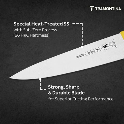 Image of TRAMONTINA Professional Meat /Chef Knife 20 cm | Stainless Steel Sub-Zero Treated Blade | Antimicrobial Yellow Polypropylene Handle | Heavy-Duty Butcher & Meat Processing Knife