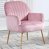 E-Motie Velvet Accent Chair, Modern Upholstered Single Sofa Side Living Room Chair, Comfy Barrel Reading Armchair with Metal Legs for Bedroom, Waiting Room, Office and Cafe, Pink