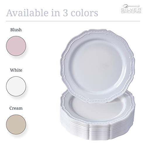 SILVER SPOONS Vintage Embossed Plastic Dinner Plates for Party (20 PC) Heavy Duty Disposable Dinner Set 10.25\", Fine China Look Dishes, Perfect for celebrations & events, White