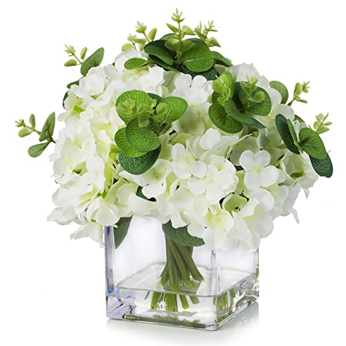 ENOVA FLORAL Silk Hydrangea Artificial Flowers with Vase, Mixed Fake White Hydrangea Flowers and Greenery in Faux Water Vase for Dining Table Decoration, Wedding Centerpieces (Cream White)