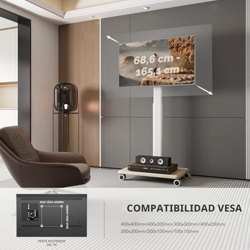 Miniatura 6 de Soporte De Tv Móvil Para Televisores De 27 A 65 Pulgadas, Carrito De Tv Portátil Con Ruedas, Soportes De Suelo Universales Altos Giratorios, Altura Ajustable
