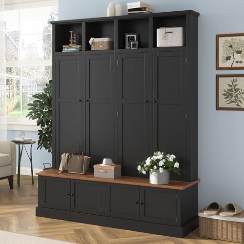 SOFTSEA Farmhouse Hall Tree with Bench and Cabinets, 4-in-1 Entryway