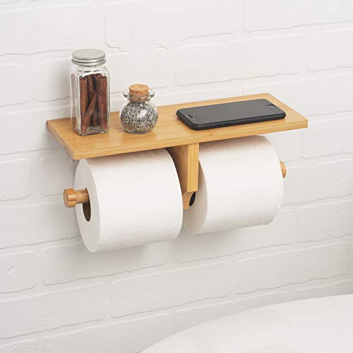 Arrow And Stem Modern Hanging Wall Mount Natural Bamboo Double Dual Toilet Paper Holder With Convenience Shelf Tray For Toilet Paper, Phone, Plants, Decor, And Other Accessories #TOP5