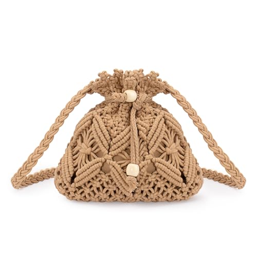 Peicees Drawstring Crochet Bag Purse- Woven Crossbody Purse For Women Summer Beach Vacation Travel Boho Shoulder Bag Small