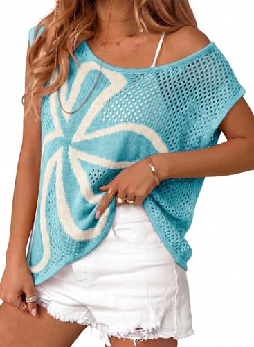 Dokotoo Womens Cap Sleeve Crochet Sweater Hollow Out Floral Summer Tops | Casual,Beach Vacation,Cruise Outfits,Lightweight,Crochet,Hollow Out,Knit,Boho,Trendy,Resort Wear,Summer,Cute,Colorblock