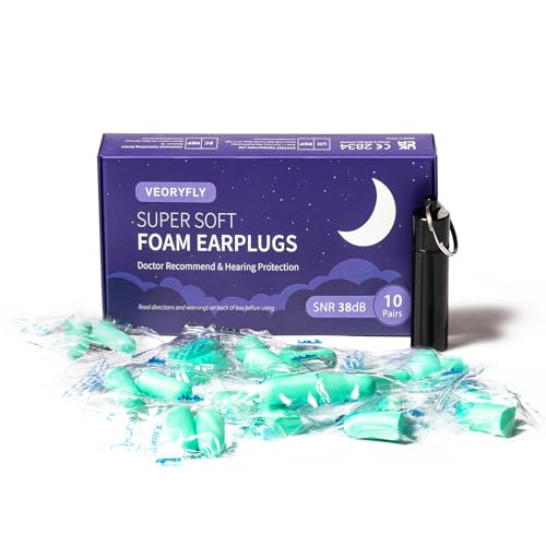 VeoryFly Tapones Oídos Ruido Dormir, 10 Pares de Tapones para Los Oídos de 38dB SNR, Súper Suaves Tapones Oidos Espuma, para Dormir, Antironquidos, Ruido de Construcción, Trabajo, Viajes y Conciertos