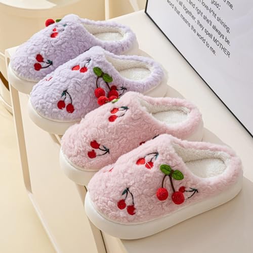 Women's Cherry Slippers Cozy Winter Warm Fuzzy Slippers with Non-Slip Sole Cute Indoor Home Slip On Plush Bedroom House Shoes Gifts3