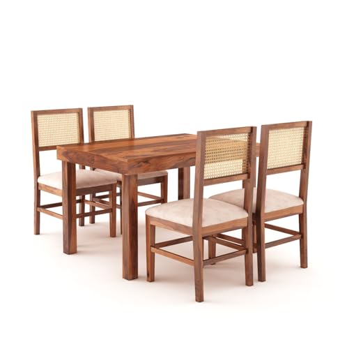 Image of MoonWoode Sheesham Wood 4 Seater Dining Table Set with Cushion Chairs Cane Webbing Wooden Dining Room Dinner Table for Home Living Room and Restaurant Furniture (Honey Finish)