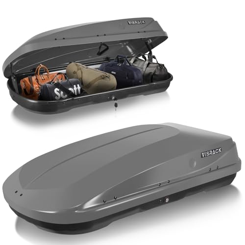 VISRACK Gray Rooftop Cargo Box Carrier Large 13 Cubic Feet Car Top Mount Travel Luggage Storage, Dual Side Opening, Roof Cargo Boxes Waterproof Rooftop Storage Box Extra Keys, Straps
