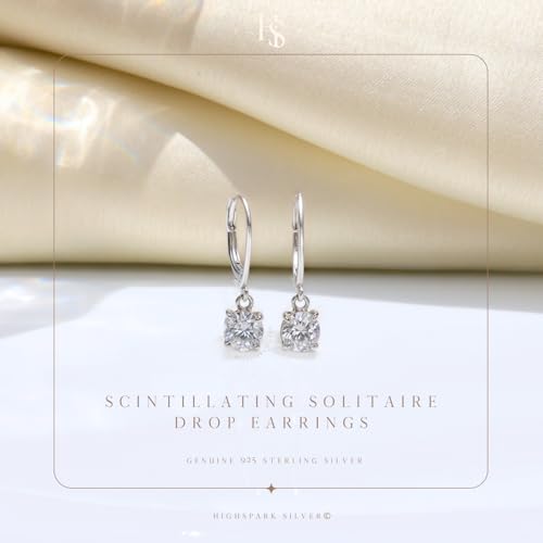 Image of HighSpark Women's 925 Silver Dangling Lever Back Solitaire Earrings | 92.5 Sterling Silver And Diamond Like Brilliance Sparkling Zirconia | Lovely Gift - Dangling Leverback