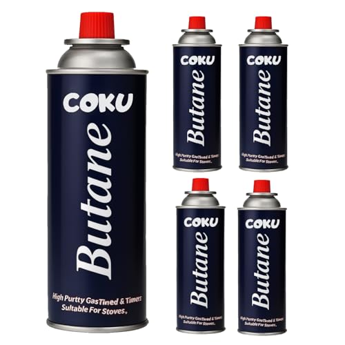 Image of Coku Butane Gas Refill Canisters 5 x 250g- Portable Butane Fuel for Camping Stove, Gas Burner, BBQ, Kitchen, Outdoor Cooking, Travel & Picnic - Compatible with Butane Gas Stove