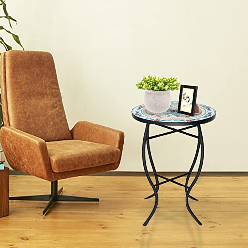 Vcuteka Mosaic Outdoor Side Table - 14" Small Round Folding End Table With Ceramic Tile Top Patio Accent Table For Yard, Garden, Living Room, Bistro Balcony Porch Outdoor Benches Or Lawn #TOP1