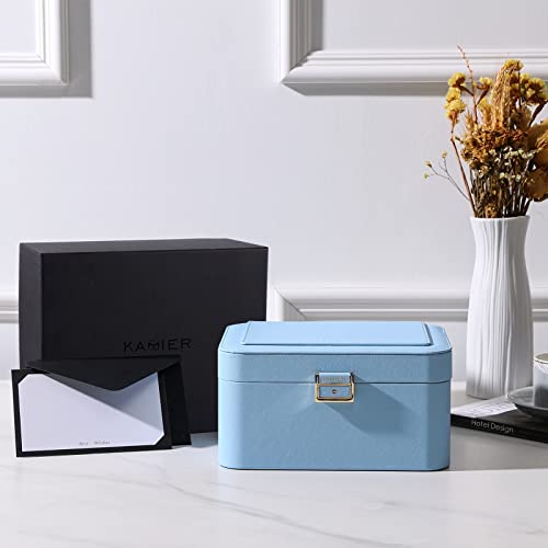 Kamier Earring Organizer, 2 Layers Pu Leather Portable Travel Jewelry Organizer, Large Capacity, Double Lock And Large Mirror, Hidden Necklace Hooks, Removable Dividers, Gift Box Packaging, Blue #TOP3