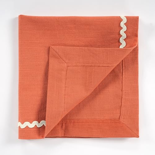 Image of FINGERCRAFT Cloth Napkins Set of 6, 18x18 Inch, 100% Cotton Table Napkins with RIC Rac Scallop Lace Trim, Reusable Washable Dinner Napkins for Wedding, Party, Dining & Home Decor (Rust)