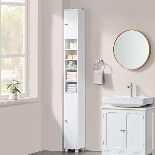 Yaheetech Mueble Columna de Baño Estrecho, Estanterías con 2 Puertas, Estantes Ajustables Espacio Abierto, Mueble Auxiliar de Almacenaje para Salón Dormitorio, 20x20x180cm, Blanco