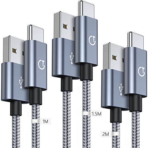 Gritin Cavo USB di tipo C [1 m+1,5 m+2 m/3], caricatore USB C in nylon intrecciato connettore ultra resistente, ricarica rapida per Galaxy, Huawei, Xiaomi, Sony, ecc. Grigio laterale