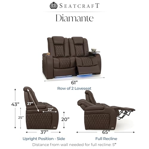 Image of Seatcraft Diamante Brown Italian Leather Home Theater Seating, Zero Gravity Power Recliner Gaming and Home Office Chair, Powered Headrest Lounge Sofa Furniture for Cinema Room, Row of 2 Loveseats