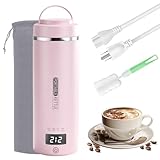 Travel Kettle Portable Electric Kettle with Plug-in Boiling & Keeps Warm via USB, Portable Water Boiler with 4 Temperature Settings, 304 Stainless Steel with Auto Shut-off 16oz(Pink)