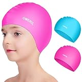 OMERIL Swim Caps, 2 Packs Durable Silicone Kids Swimming Caps. 3D Ergonomic Fit Design for Children and Teens (Age 3-8), Comfortable Fit for Girls and Boys