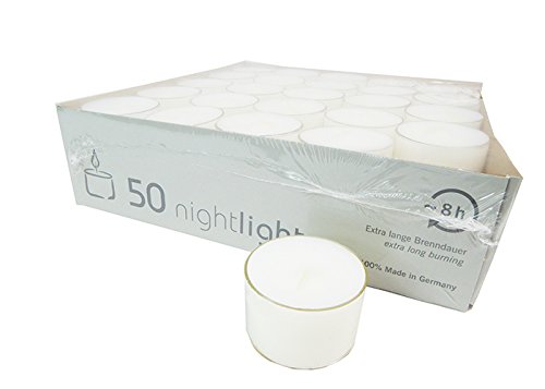 Kleine Teelichte - 50 Stück - Farbe: Weiß - Brenndauer: 8 Stunden - Hochwertige Nightlights Cover
