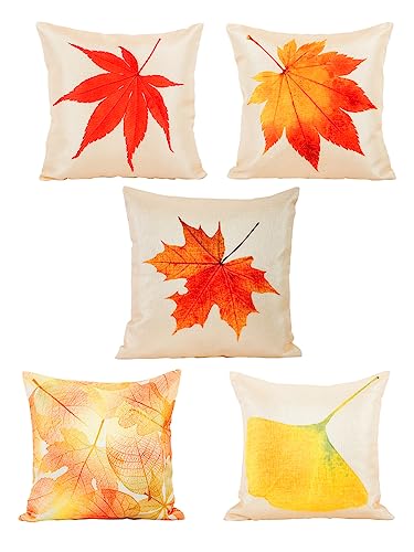 Image of ROMEE Designer Floral Printed Cushion Covers 16 inch x 16 inch Set of 5 | Decorative Square Jute Throw Pillow /Cushion Cover for Living Room, Sofa, Couch, Bedroom (Beige & Rust)