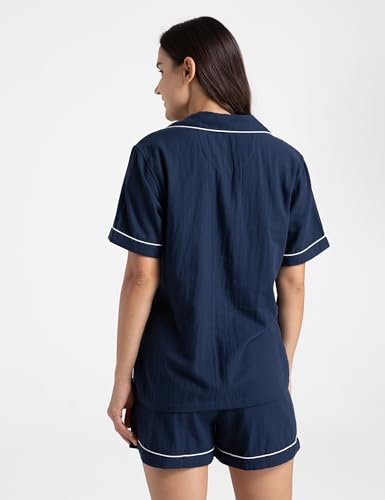 Image of Womens Muslin Pajama Set 100% Cotton Double Gauze Linen Like | Breathable Soft Comfort Button Up Loungewear Sleepwear PJ Set